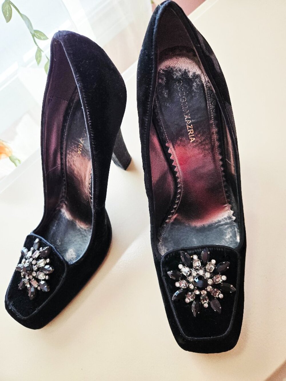 BCBGMAXAZRIA Elegant Black Velvet & Satin Pumps with Jewel Embellishments